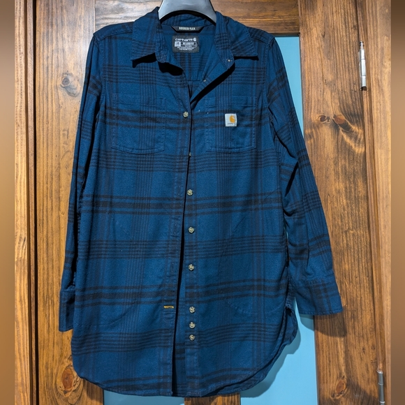 Carhartt Rugged FlexFlannel blue/black BuffaloCheck button down top/Tunic XSmall - Picture 1 of 16